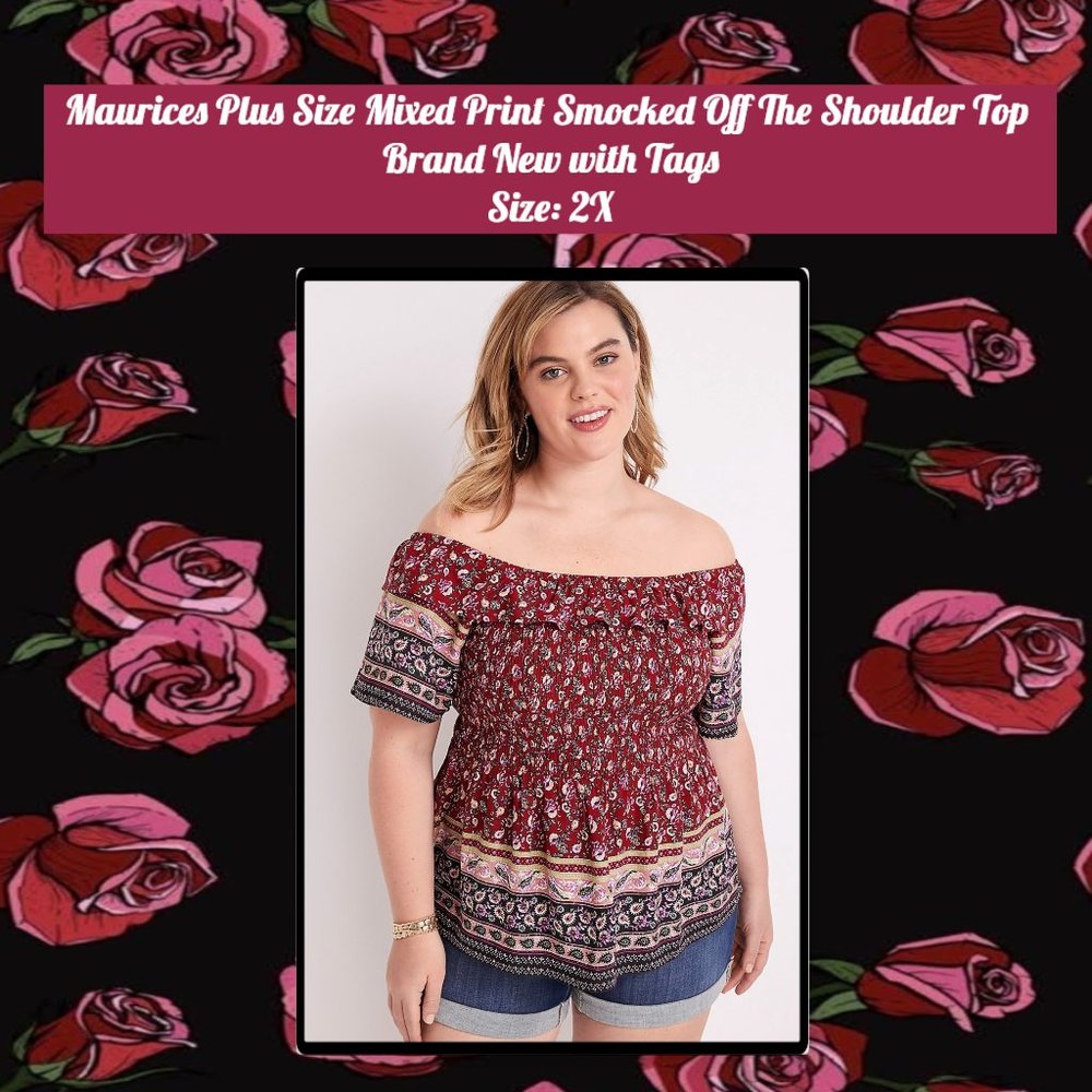Maurice's Plus Size Mixed Print Off the Shoulder Top 2X